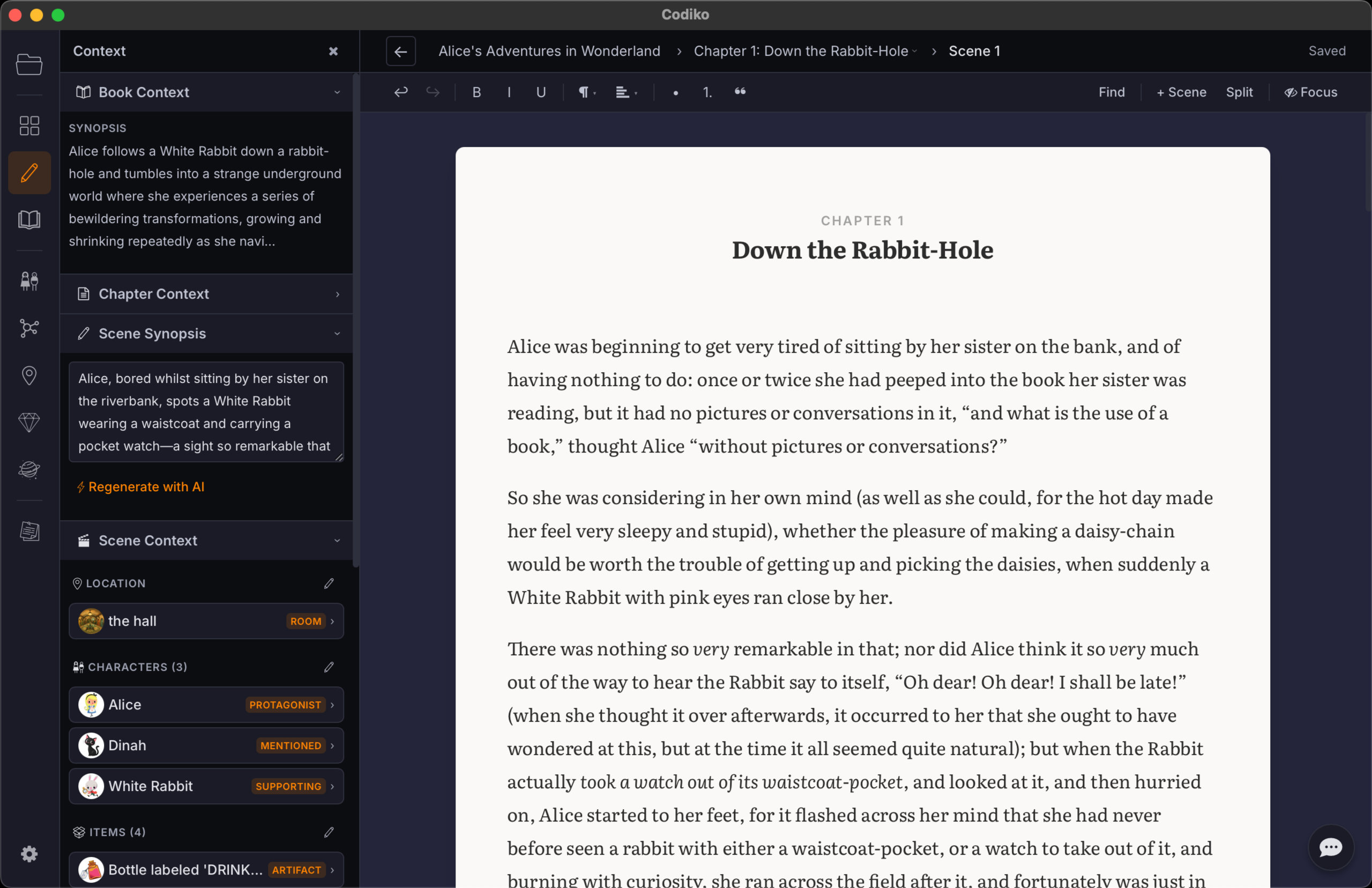 Codiko — workspace view showing book structure, timeline, AI assistant, and story context