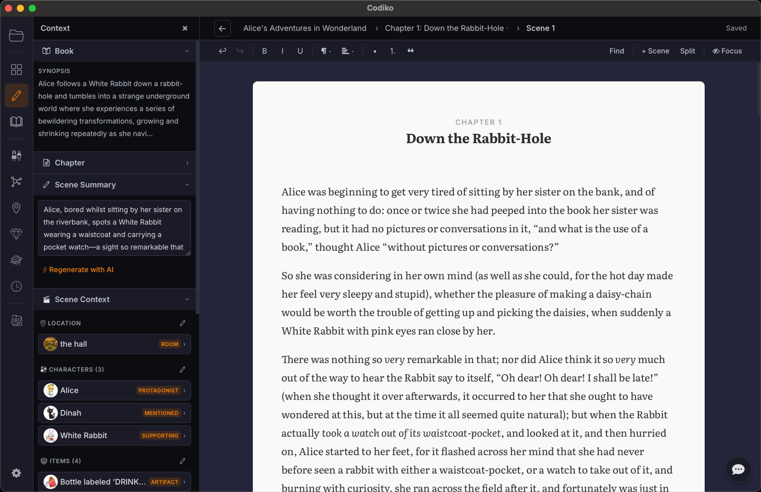 Codiko — workspace view showing book structure, timeline, AI assistant, and story context